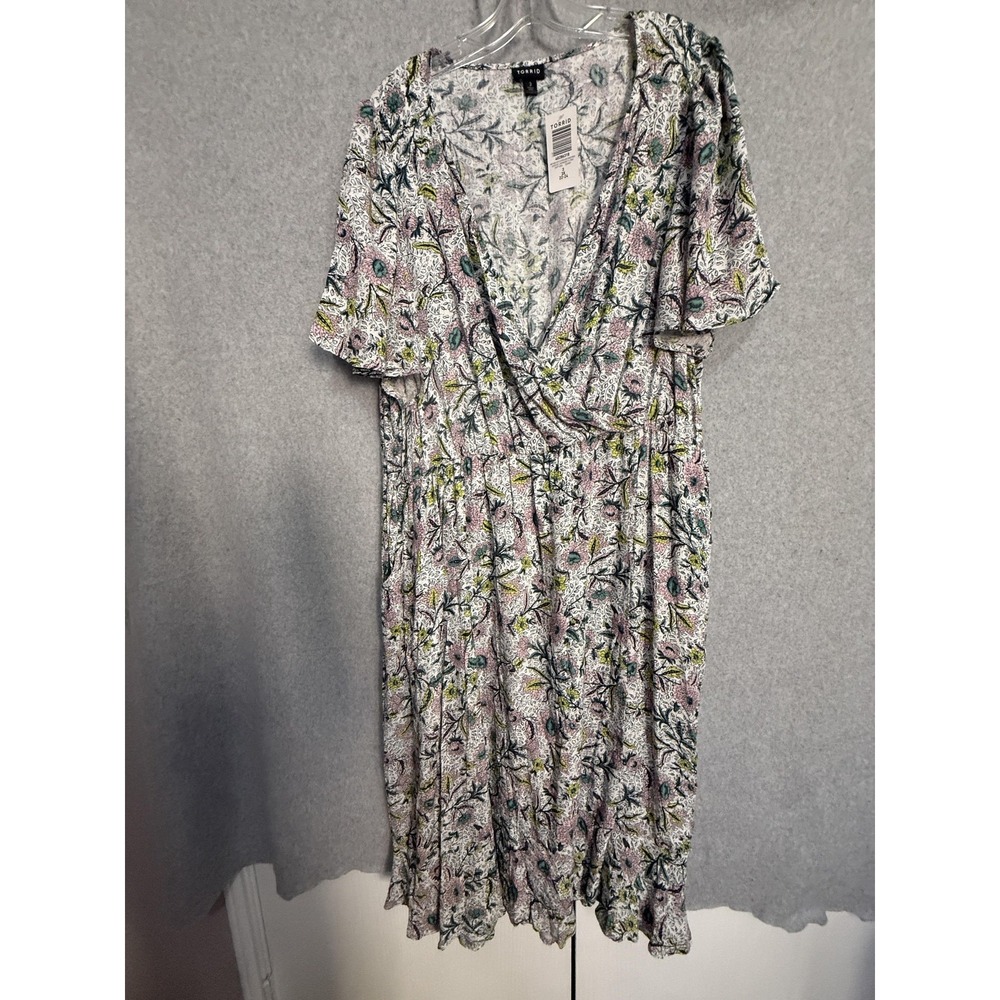 Torrid Dress Womens 3X Multicolor Floral Swiss Dot Wrap Midi Flutter Sleeve